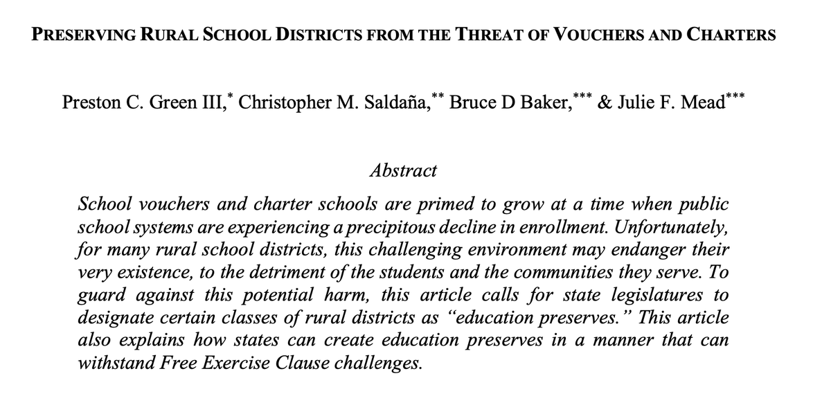 This forthcoming article explains how states can save endangered rural school districts from voucher and charter school expansion. 

Specifically, it argues that states can define rural districts as "education preserves."

papers.ssrn.com/sol3/papers.cf…
