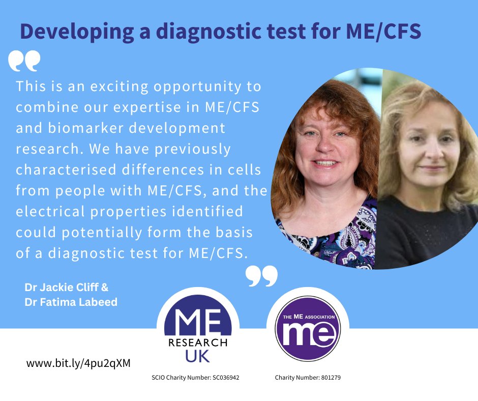 ME Research UK and the ME Association have awarded funding to Dr Fatima Labeed and Dr Jackie Cliff to develop a diagnostic test for ME/CFS, expanding on their initial study showing electrical differences in blood cells from people with ME/CFS. Read more: bit.ly/4pu2qXM