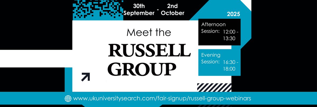 🎓 Thinking about applying to a Russell Group uni?
Join our free Meet the Russell Group webinars (30 Sept–2 Oct) with 20 of the 24 unis taking part!

✔️ Expert application advice specific to the Russell Group
✔️ Live Q&amp;A with Russell Group uni reps

ukuniversitysearch.com/fair-signup/ru…