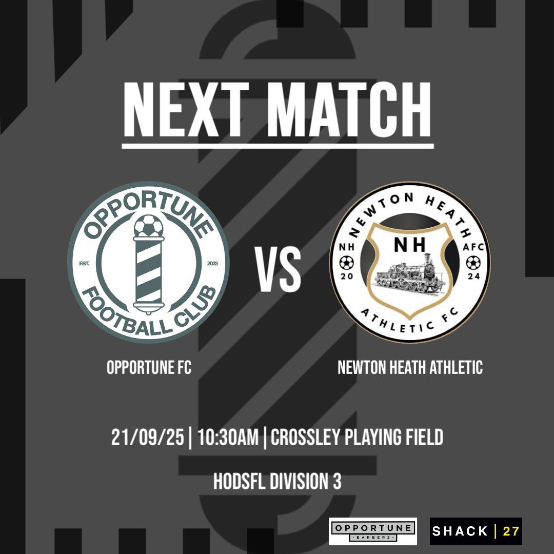 This Sunday we’re back in league action against Newton Heath whom we know from last season! Tough team to beat but we’re ready to get another 3 points! 

🆚 Newton Heath Athletic 
🏆 <a href="/HODSFL/">Hyde, Oldham & District Sunday League</a> Div 3
⏰ 10:30am
📆 21/09/2025
📍 Crossley PF

Come down to support the lads! 💈