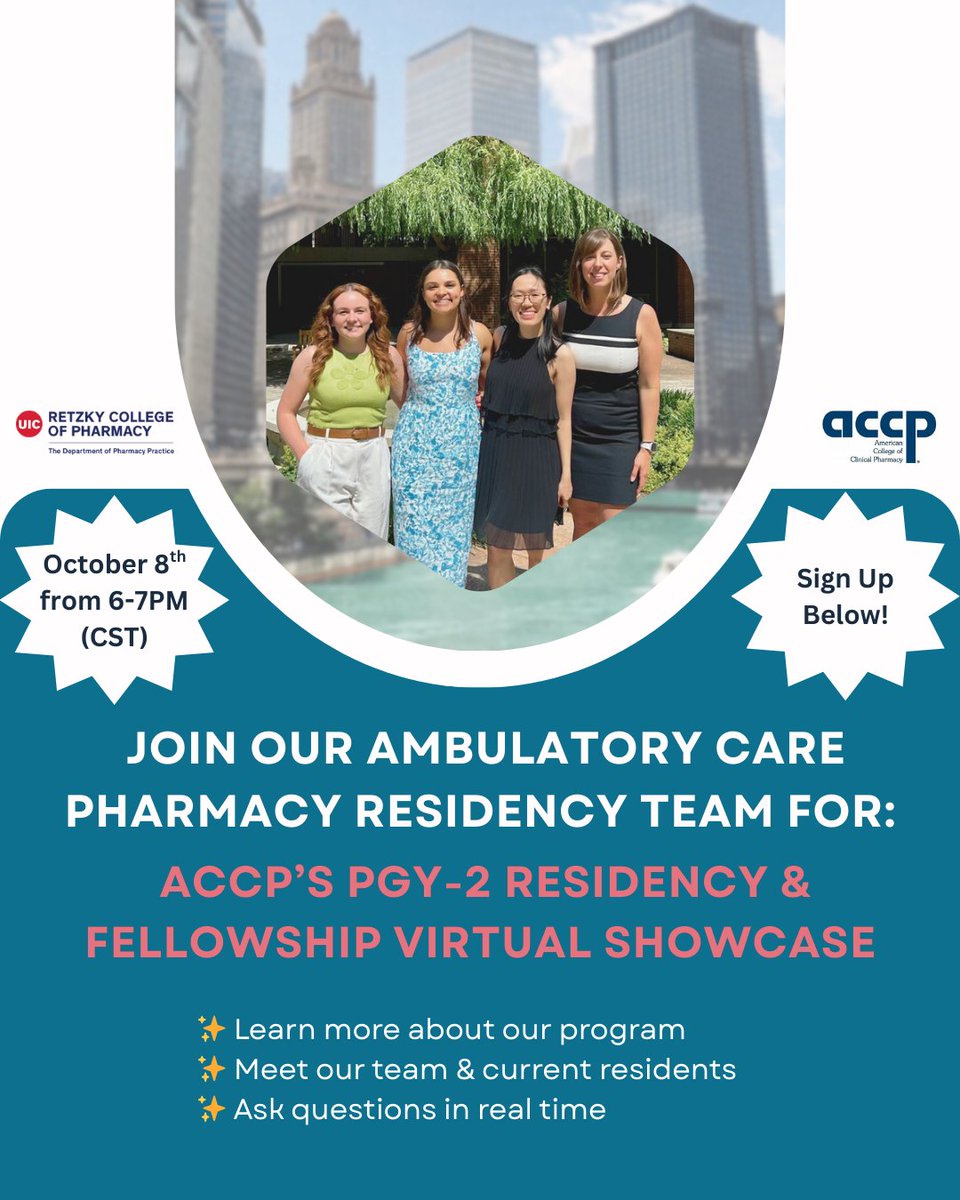 👩‍⚕️ Thinking about a PGY2 in Ambulatory Care? Let’s talk!
Join us at the ACCP PGY2 Virtual Showcase!
📅 Oct 8 | 6–7pm CST
✨ Learn about our program
✨ Meet our team &amp; residents
✨ Get your questions answered
Free &amp; online 👉 lnkd.in/guwiwhzq

#PharmRes #PGY2AmCare