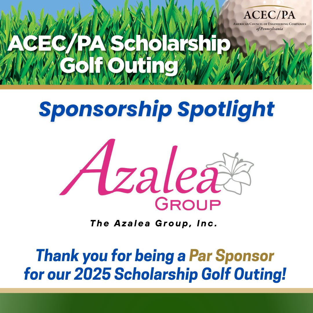 ACEC_PA's tweet image. Huge thanks to 𝐓𝐡𝐞 𝐀𝐳𝐚𝐥𝐞𝐚 𝐆𝐫𝐨𝐮𝐩, 𝐈𝐧𝐜.    — a Par  Sponsor for our 23rd Annual Scholarship Golf Outing! Thank you for supporting our outing and investing in tomorrow’s engineering leaders.  

#ACECPA #GolfOuting #MemberEvent #Scholarship #InvestInYourAssociation