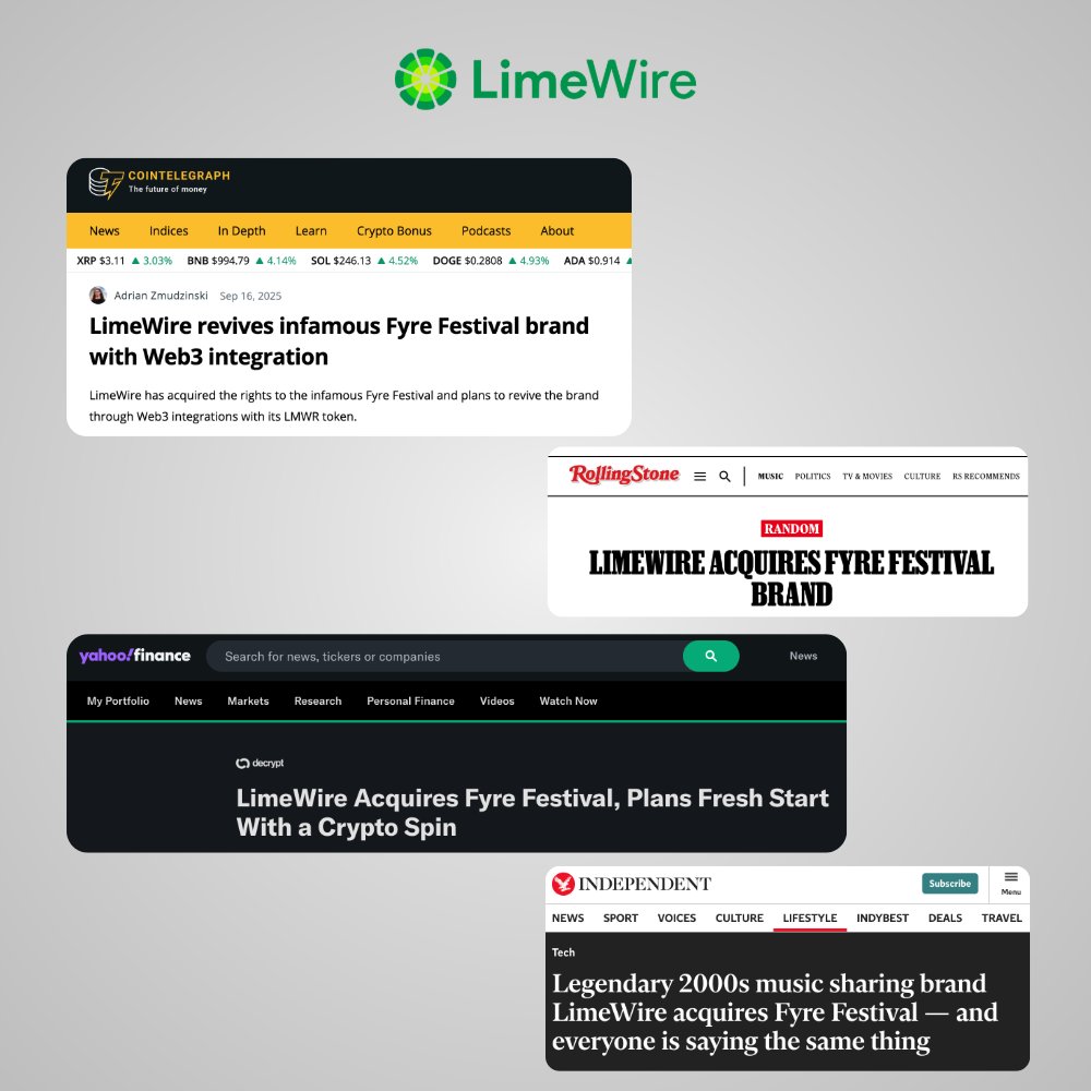 Waking up to see LimeWire x @fyrefestival everywhere… this week has been 🔥  Thousands of mentions and lots of new eyes on LimeWire 👀 More details on  our plans for Fyre and
