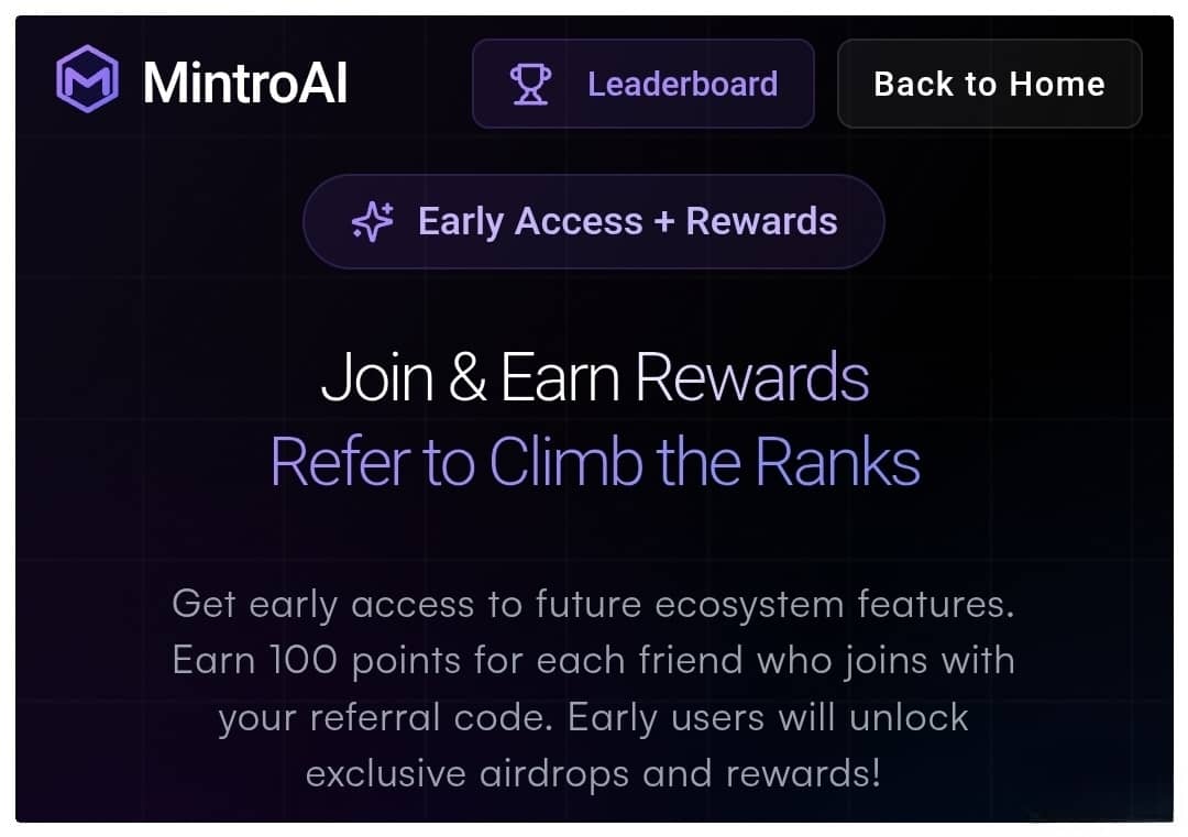 HottieBabeGem's tweet image. Early Access Waitlist – @MintroAI
✅ Join here mintro.ai/waitlist?ref=E…
To join the waitlist, submit:
• Follow @MintroAI
• Your Email
• EVM wallet address
• X (Twitter) username
• Refer friends to rank higher on the leaderboard
MintroAI is an AI-powered platform that…