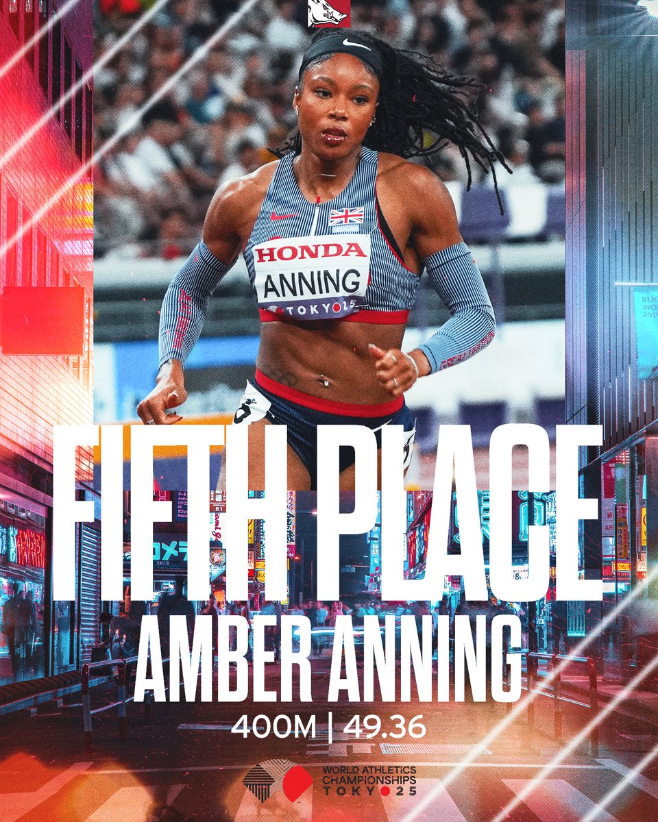 RazorbackTF's tweet image. Pair of Arkansas alums in 2025 Tokyo World Championships 400m final have Amber Anning finishing fifth and Nickisha Pryce placing eighth

49.36 by Anning is best mark for fifth at any World Outdoor Championships, previous best 49.61

49.97 by Pryce is best mark for eighth at any…