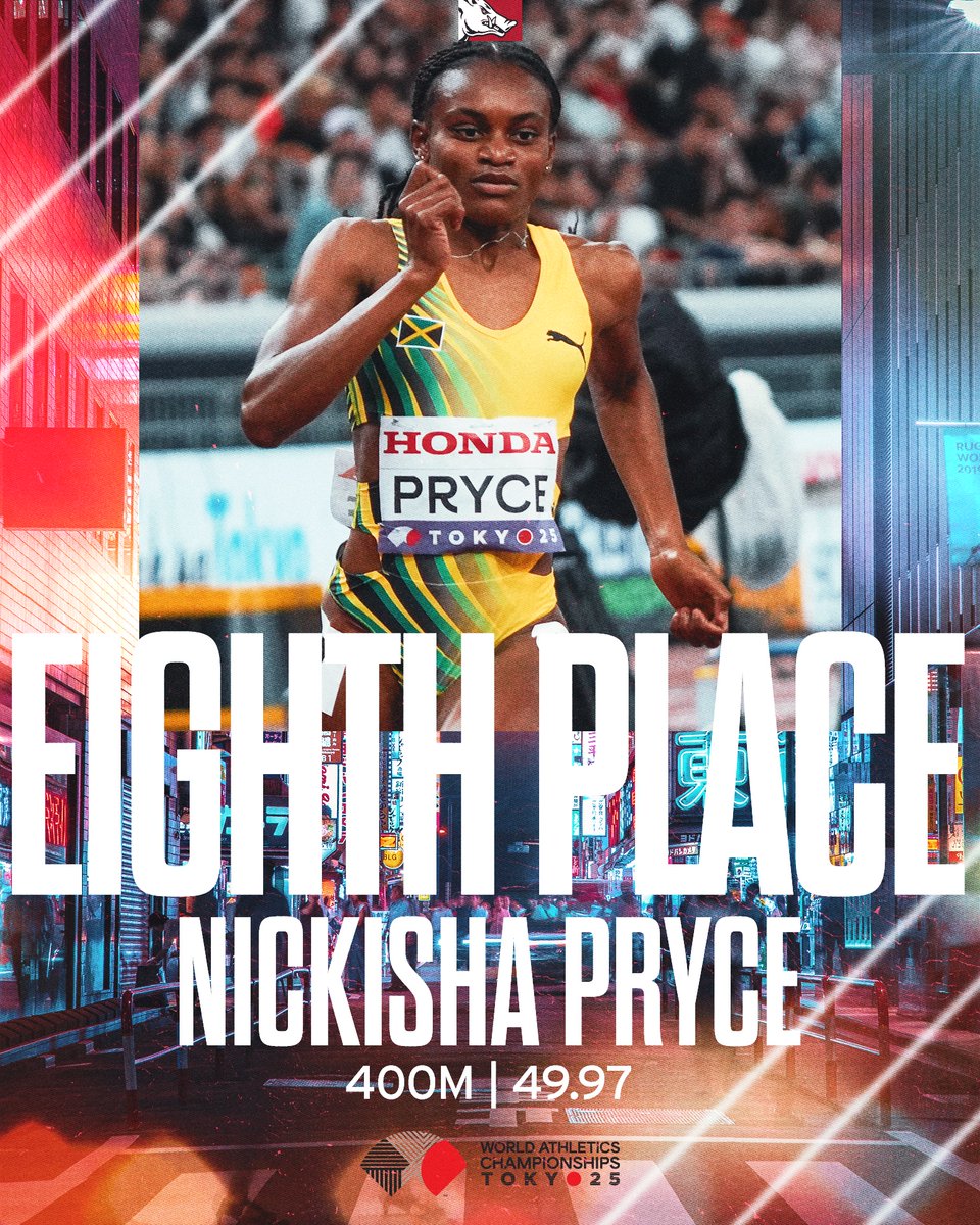 RazorbackTF's tweet image. Pair of Arkansas alums in 2025 Tokyo World Championships 400m final have Amber Anning finishing fifth and Nickisha Pryce placing eighth

49.36 by Anning is best mark for fifth at any World Outdoor Championships, previous best 49.61

49.97 by Pryce is best mark for eighth at any…