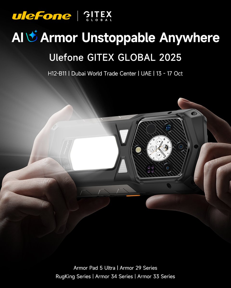 Ulefone is heading to GITEX GLOBAL 2025! 💪 #UlefoneGITEXGLOBAL2025
Step into the future of rugged smartphones at the world’s largest tech, AI &amp; startup show. Discover AI Armor — smart, tough, and engineered for extreme performance.

📍 Booth H12-B11, Dubai World Trade Centre
 📅