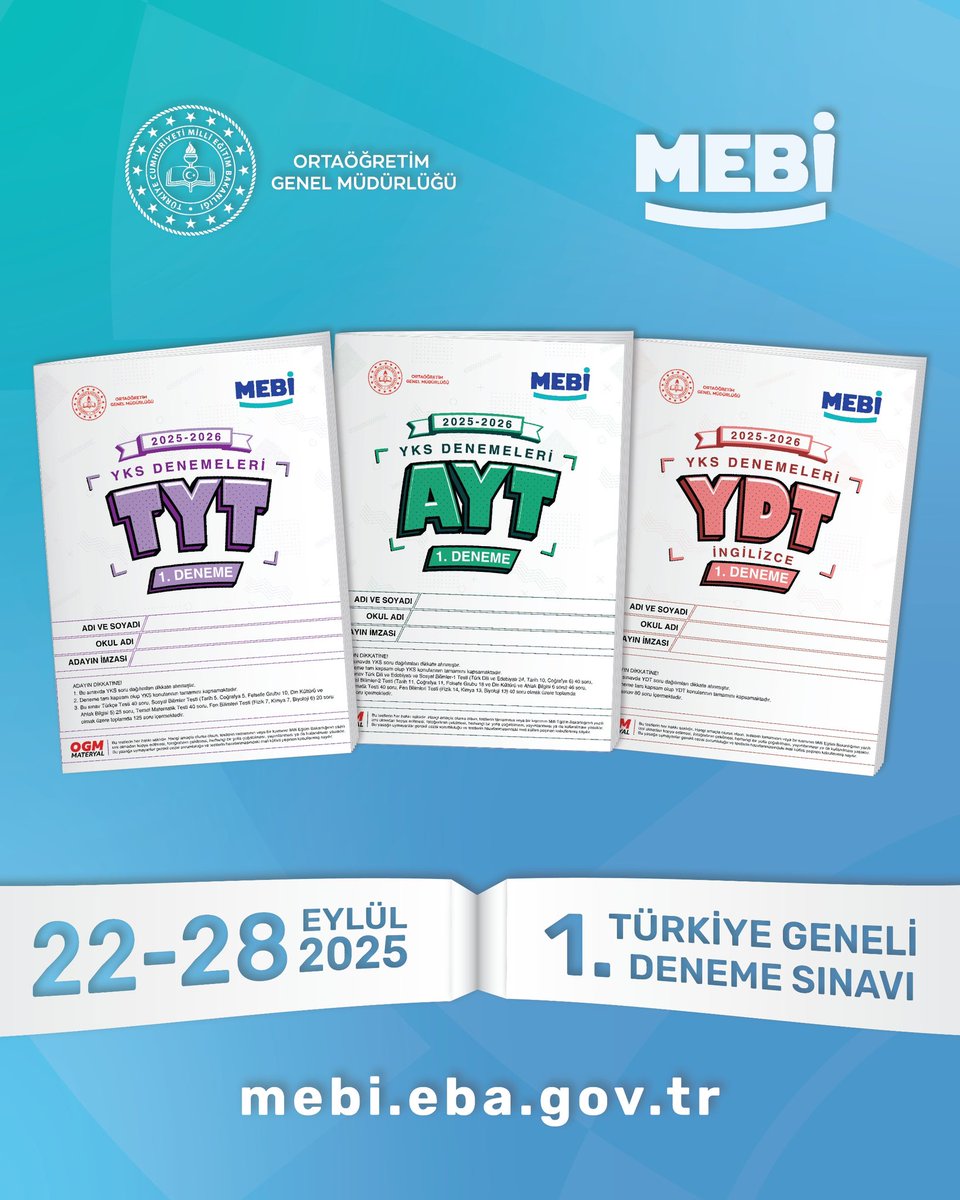 🚀 MEBİ’de YKS maratonu başlıyor!
22–28 Eylül’de 1. Türkiye Geneli Deneme Sınavı seni bekliyor! 📚✨
<a href="/tcmeb/">Millî Eğitim Bakanlığı</a> <a href="/meb_ogm/">Ortaöğretim Genel Müdürlüğü</a>  #yks2026