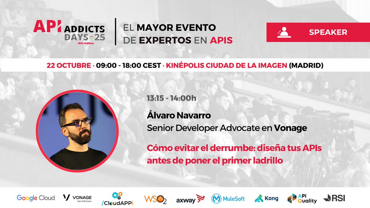 APIAddicts's tweet image. El API Design como base para los proyectos 

En #APIAddictsDays25, Álvaro Navarro, Senior Developer Advocate en Vonage, nos compartirá su charla “Cómo evitar el derrumbe: diseña tus APIs antes de poner el primer ladrillo”. 

#APIs #TechTalk #APIAddicts #Desarrollo
