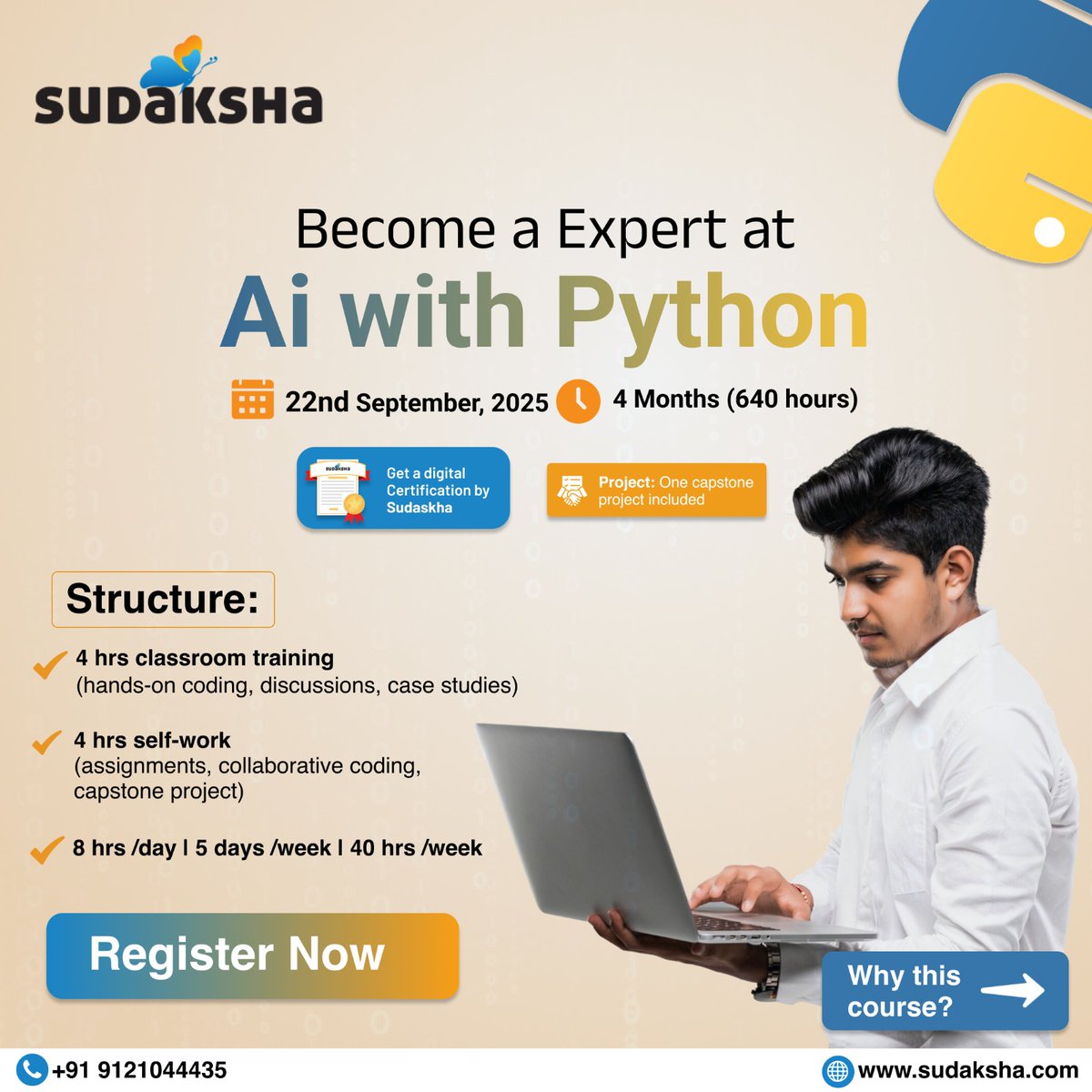sudakshaLearn's tweet image. Ready to Build Your Career in AI?
Join our AI with Python training program starting 22nd September 2025.
💻 640 hours | 💼 Capstone Project | 📜 Certificate | 🔥 High-growth Career Track
Date: 22nd September,2025
#AIwithPython #AI #Sudaksha