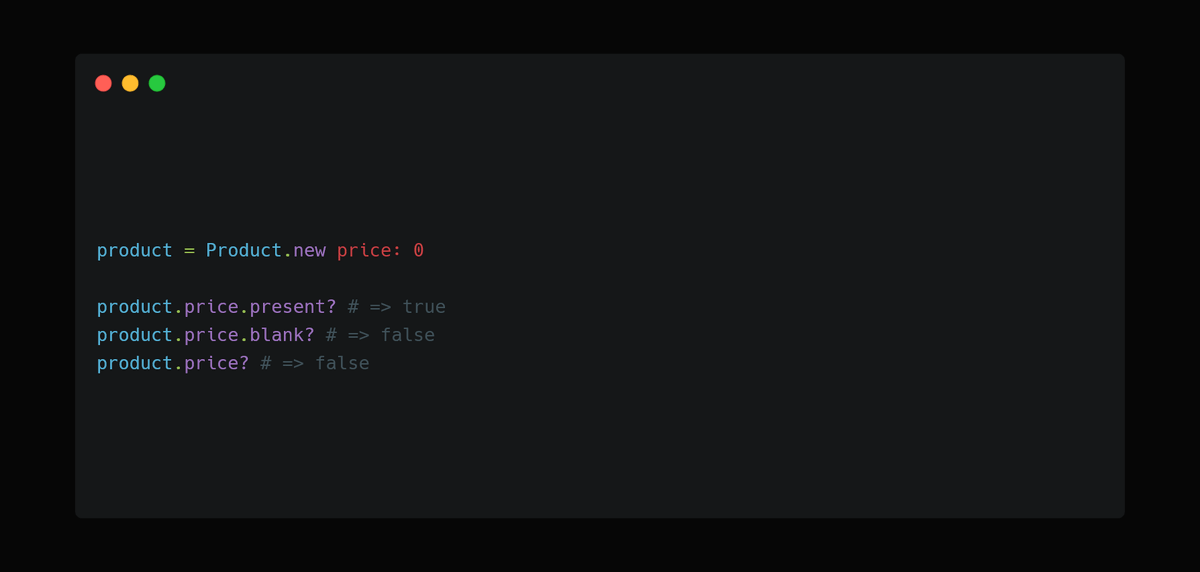 _m27e's tweet image. TIL that Active Record treats zero differently for generated attribute predicate methods: github.com/rails/rails/bl…