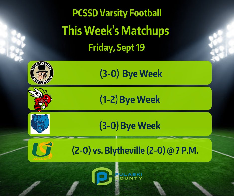 PulaskiAR's tweet image. 🏈🔥 Friday Night Lights are HOT! 🔥🏈
The Mills Comets (2-0) host Blytheville (2-0) this Friday (9/19) at 7 PM! Led by QB Elijah Moody, it’s a battle of the unbeatens! 💥🌪️

Meanwhile, Robinson, Maumelle &amp;amp; Sylvan Hills enjoy a bye week.
#MillsComets #PCSSD #GoComets