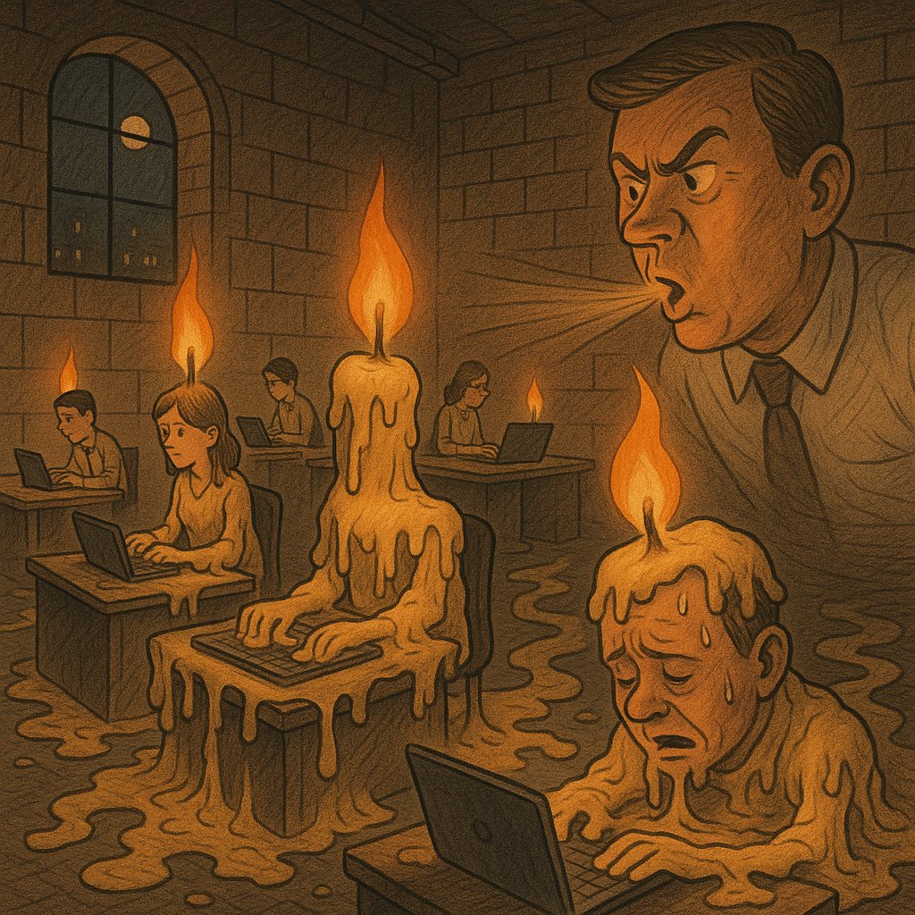 CoderLim's tweet image. 刚走时看见还有很多人在加班，让 gpt5 画一幅讽刺的漫画，居然体现出了“老板的压迫”😂