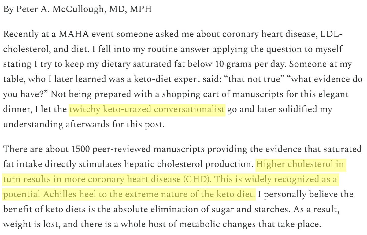 This blurb from a cardiologist landed in my DMs today, along with a request for my thoughts. I'll respond briefly in 4 points.

1. First, the author's ad hominem swipe at the keto movement in the MAHA community does him no favors. It comes across as unnecessarily bitter and