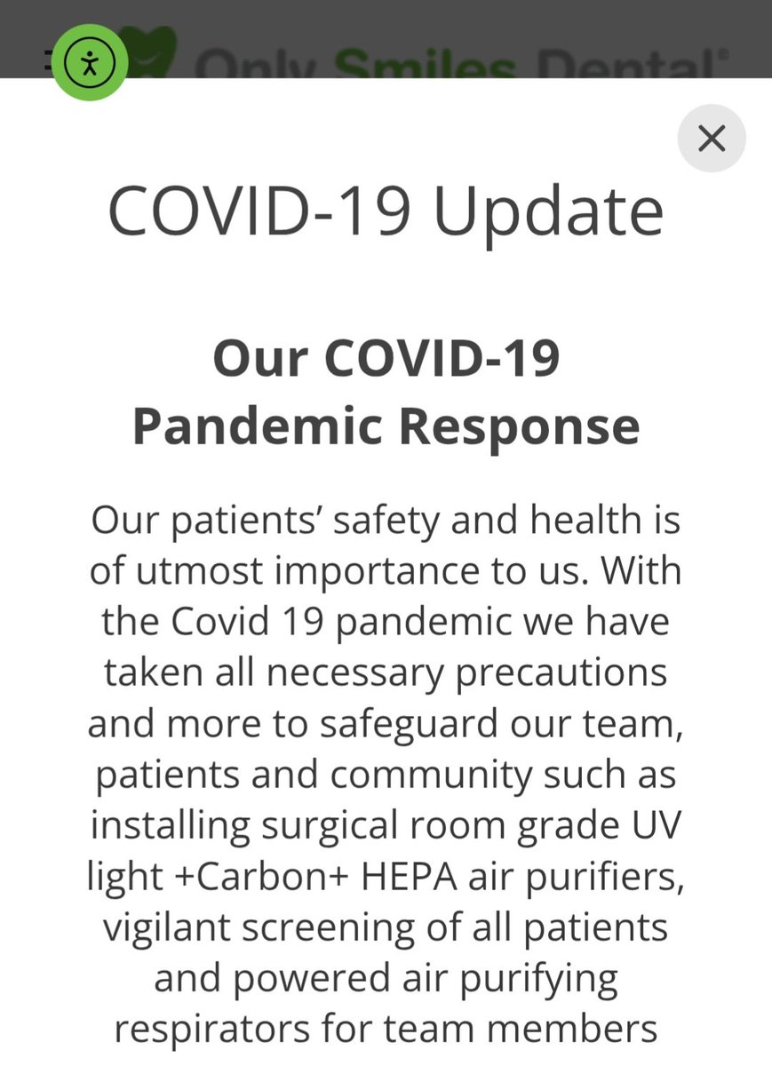 Waiting to be seen by my dentist when I noticed they added UV lights to their safety protocol.

I love this place bc it's truly covid safe. Everyone wears PAPRs, there are huge HEPAs in every room, &amp; now the UV. 

This is how every doctor should be, but especially dentists