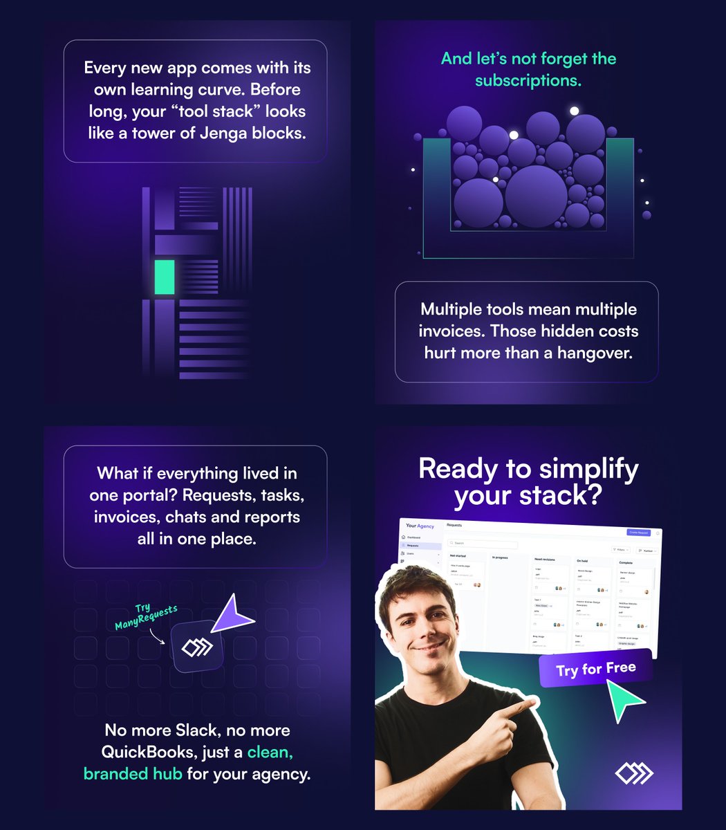 ManyRequests's tweet image. Juggling 5 different tools just to serve one client? 🤯 You’re not alone. 

In this carousel, we break down why duct-taped ops slow creative agencies down and what a unified portal like ManyRequests can do instead.

👉 Try now: app.manyrequests.io/free-trial/