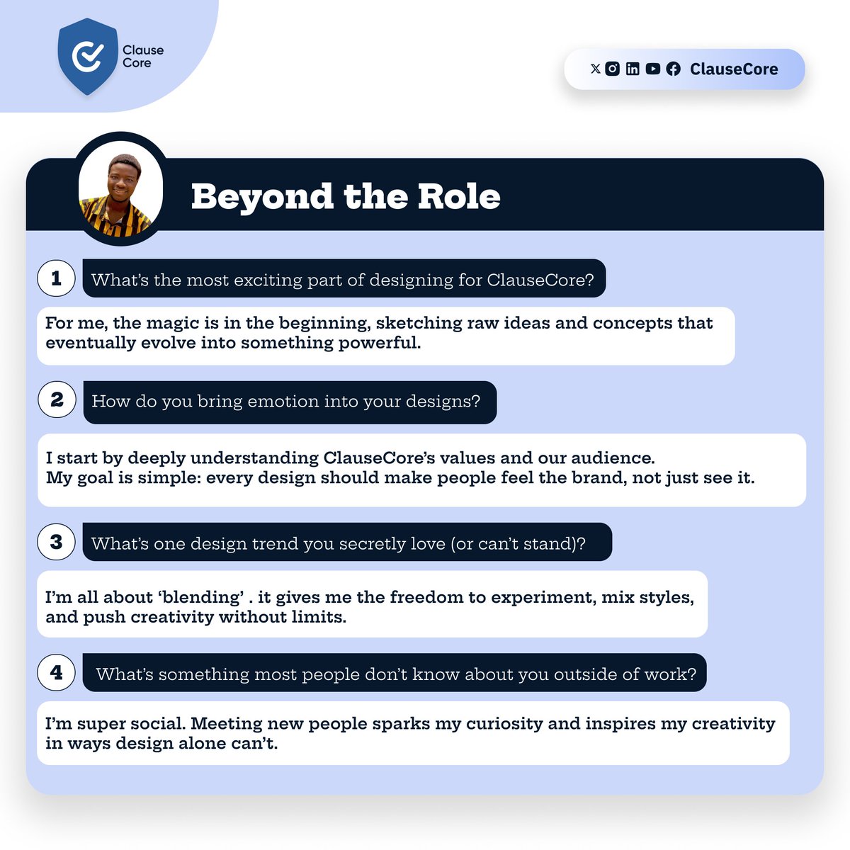 clausecore_AI's tweet photo. Behind every smooth brand story, there’s a designer blending creativity + strategy.
Meet Ayeni Precious, the Brand & Motion Designer making our values visible, memorable & human.
What’s YOUR design superpower? 👇
#BrandDesign #LegalTechCulture #Meettheteam #ClauseCore https://t.co/aXRsIYMH0F