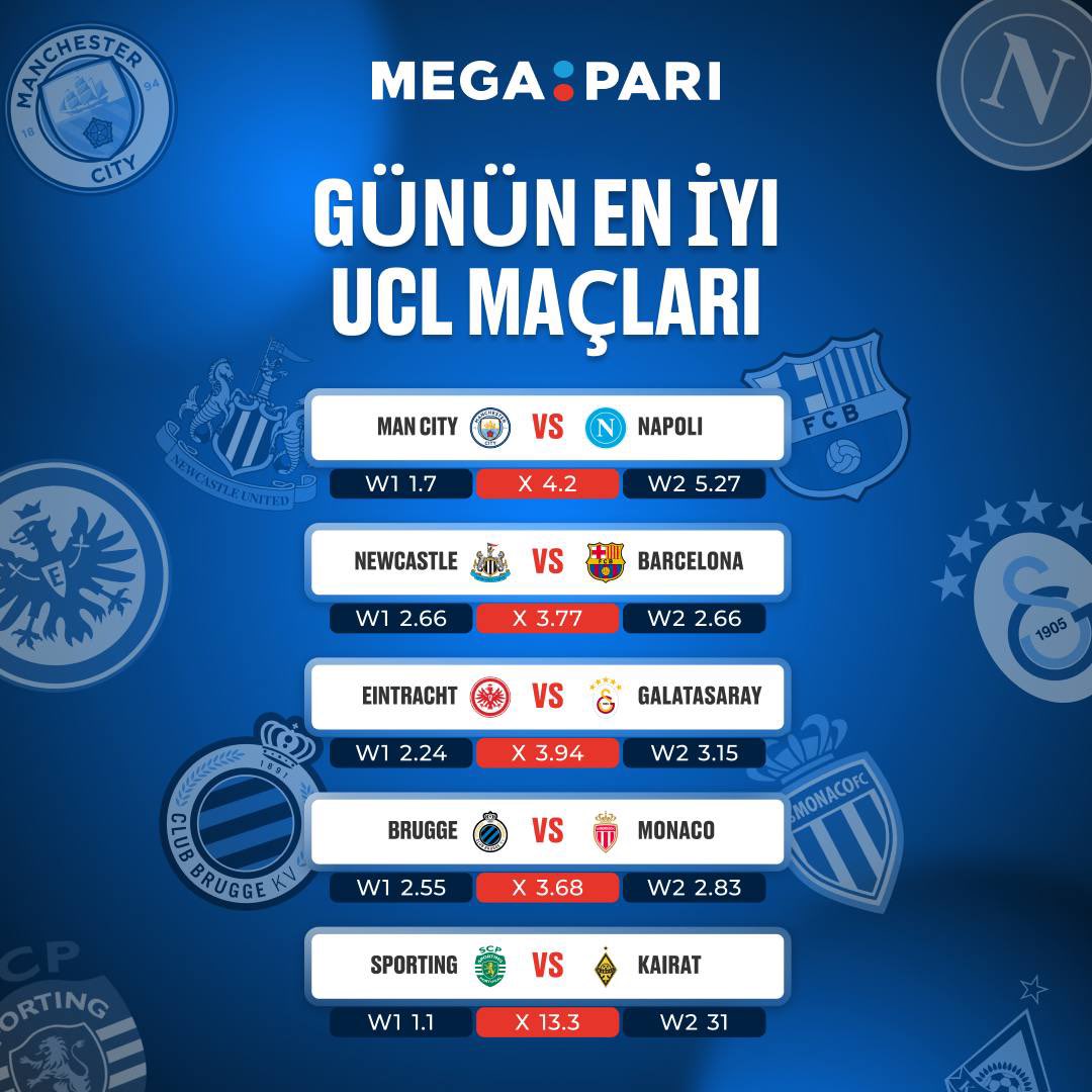 Bugün yine Şampiyonlar Ligi günü! 🏆

Takımlardan birçok gol ve güzel futbol bekliyoruz

Tahminlerinizi yorumlarda paylaşın ve Megapari'ye bahis yapın!  👑