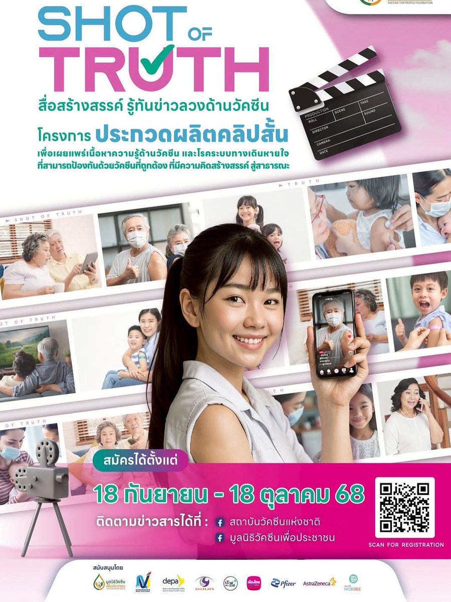 📌มูลนิธิวัคซีนเพื่อประชาชน ร่วมกับหน่วยงานภาคีเครือข่าย
ขอเชิญนักเรียน และนักศึกษา ร่วมส่งผลงานเข้าประกวด
.
เพื่อเผยแพร่ความรู้ด้านวัคซีนและโรคระบบทางเดินหายใจ ที่มีความถูกต้อง ในรูปแบบสื่อสร้างสรรค์ และเข้าถึงสังคมได้อย่างมีพลัง
.
รายละเอียดเพิ่มเติม สแกน QR Code