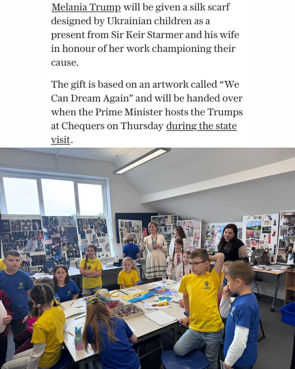 StMarysTrust's tweet photo. ✨ Our children’s scarf “We Can Dream Again”, created with artist Mariya Dykalo &amp; @aspinaloflondon, was presented to Melania Trump by Sir @Keir_Starmer &amp; Lady Starmer. 
💙💛Support children by donating on our website. 
#WeCanDreamAgain #MelaniaTrump #supportchildren https://t.co/aXaSYJGkAI