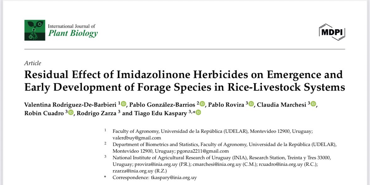 🚀 Nuevo artículo publicado 📄✅🎉

👉 “Residual Effects of Imidazolinone Herbicides on Emergence and Early Development of Forage Species in Rice-Livestock Systems” 🌱🧪
