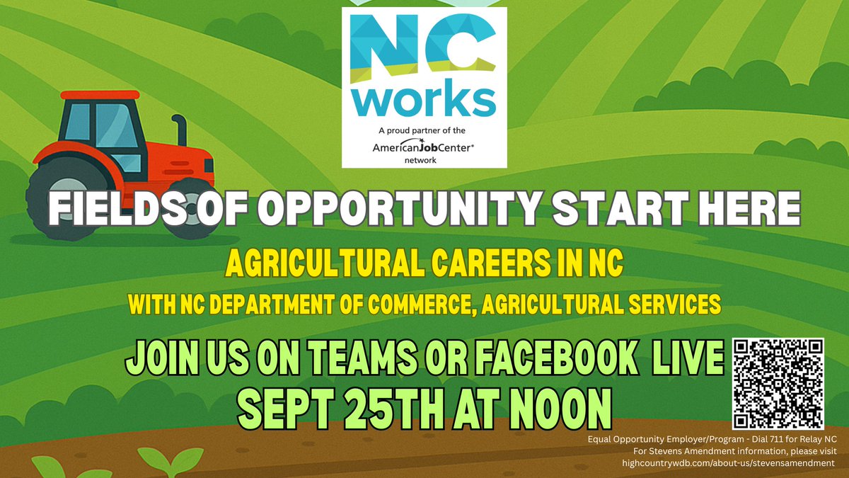 Our Agricultural Services teammates will be featured in a free webinar, called "Fields of Opportunity Start Here: Agricultural Careers in North Carolina," on Thurs., Sept. 25, at noon, hosted by the #NCWorks Wilkes County team. Register now at: forms.office.com/g/BcY7i8Z4As
