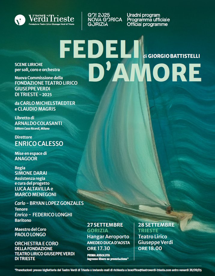 TeatroVerdiTS (@teatroverdits) on Twitter photo FEDELI D'AMORE di Giorgio Battistelli - PRIMA ASSOLUTA - nuova commissione del Teatro Verdi Trieste per GO! 2025 Nova Gorica Gorizia European Capital of Culture.
Ingresso libero su prenotazione via email boxoffice@teatroverdi-trieste.com FEDELI D'AMORE di Giorgio Battistelli - PRIMA ASSOLUTA - nuova commissione del Teatro Verdi Trieste per GO! 2025 Nova Gorica Gorizia European Capital of Culture.
Ingresso libero su prenotazione via email boxoffice@teatroverdi-trieste.com