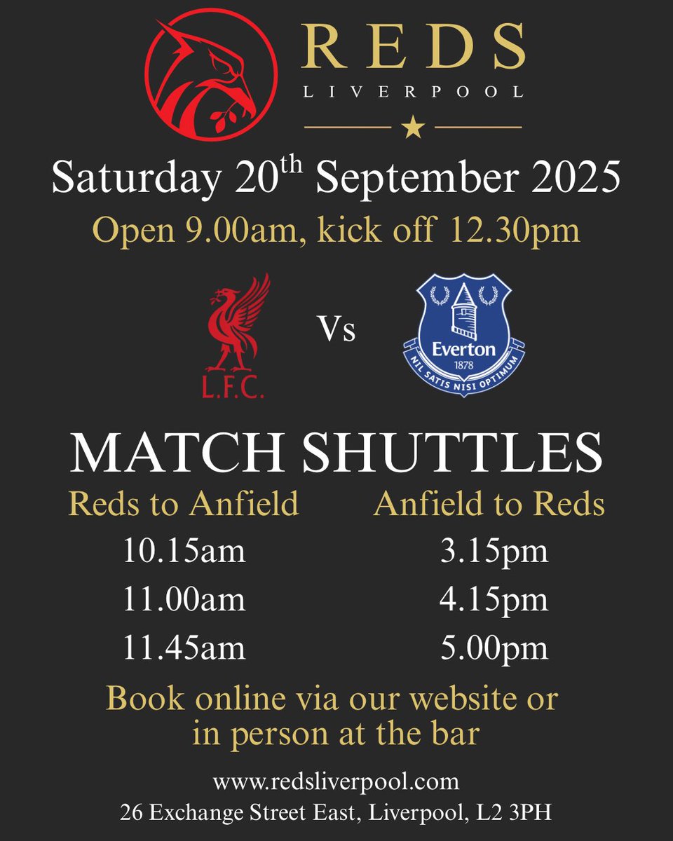 This Saturday the derby kicks off at 12.30 so we’re opening up at 9am

We’ve got <a href="/andyhodgson110/">Andy Hodgson</a> live at 6.00pm and also Tom Croft playing straight after the match

Kitchen open from 9am for breakfast and shuttles to the ground running from 10.15am bookable now via our website