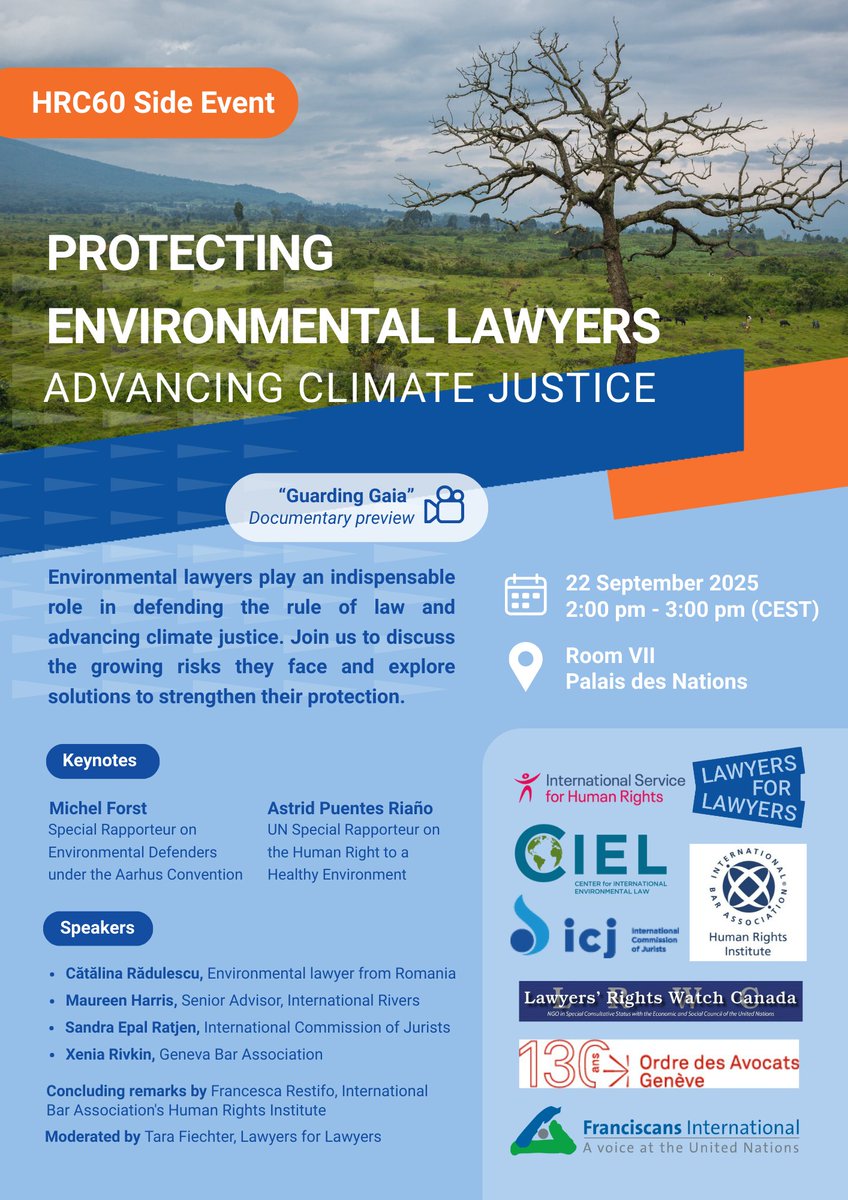 On 22 Sep 2025 @ 1400 CEST in Palais des Nations, Geneva / online join IBAHRI for <a href="/UN_HRC/">UN Human Rights Council</a> 60 side event Protecting Environmental #Lawyers: Advancing #ClimateJustice'. Co-organisers <a href="/ISHRglobal/">ISHR</a> <a href="/L4L_INT/">Lawyers for Lawyers</a>, <a href="/ciel_tweets/">Center for International Environmental Law</a> <a href="/ICJ_org/">ICJ</a> <a href="/LRWCanada/">Lawyers' Rights Watch Canada</a> <a href="/OrdreAvocatsGE/">Ordre des avocats de Genève</a> &amp; <a href="/FranciscansIntl/">Franciscans International</a>. 1/2