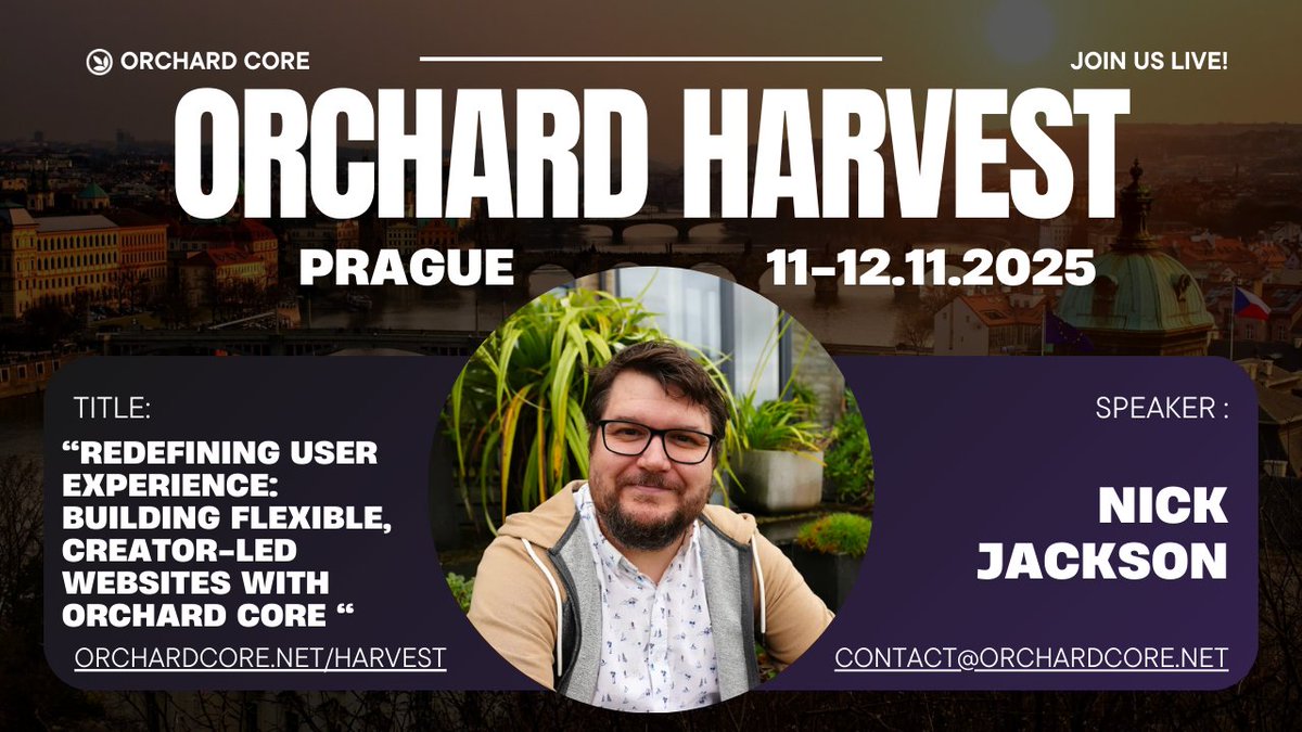 You can follow Nick presentation live in Prague:
"This talk looks at how Buzz Interactive uses Orchard Core to build websites with a strong focus on the editor experience. 
Join us! You can find all the important information here: orchardcore.net/harvest