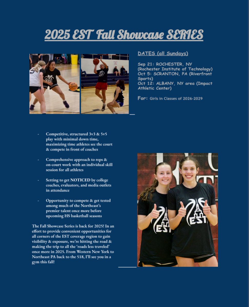 LAST CALL FOR SUNDAY ‼️

🏀 11th Annual EST Fall Showcase, Session 1
📍 Rochester Institute of Technology (Rochester, NY)
🗓️ Sun, 9/21
🛠️ <a href="/FootprintzGroup/">The FOOTPRINTZ GROUP</a> 
🤓 D2/D3/JuCo coaches in attendance plus my evaluations
⏳ LIMITED space available in the 12:30-3 PM session only (5-10