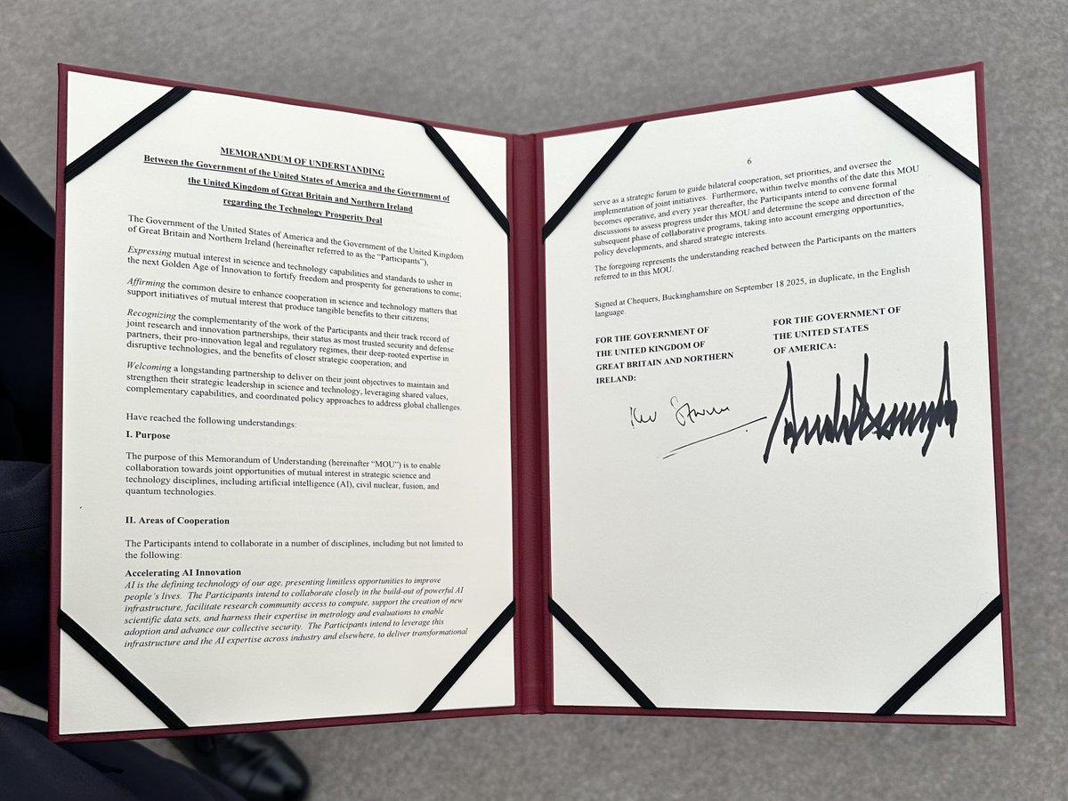 Director Michael Kratsios (@mkratsios47) on Twitter photo Today, <a href="/POTUS/">President Donald J. Trump</a> and PM <a href="/Keir_Starmer/">Keir Starmer</a> signed the Technology Prosperity Deal, a landmark science and technology agreement that will propel the U.S. – UK special relationship to new heights for the technological age, and deliver wins for the American people and American innovation Today, <a href="/POTUS/">President Donald J. Trump</a> and PM <a href="/Keir_Starmer/">Keir Starmer</a> signed the Technology Prosperity Deal, a landmark science and technology agreement that will propel the U.S. – UK special relationship to new heights for the technological age, and deliver wins for the American people and American innovation