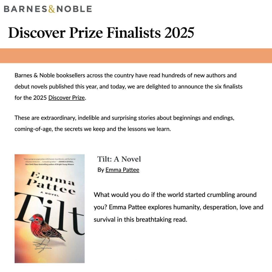 Congratulations to our fantastic author @emmapattee for being named a Barnes and Noble Discover Prize Finalist! Check out her book TILT today! 🎊 🥳 🎈📖