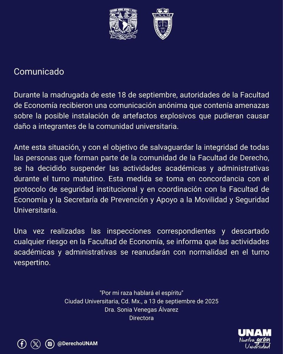 Se suspenden clases turno matutino <a href="/DerechoUNAMmx/">Facultad de Derecho</a> <a href="/UNAM_MX/">UNAM</a>