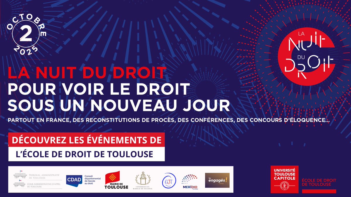 École de droit de Toulouse (@ecoledroittlse) on Twitter photo 📢 La Nuit du droit revient le 2 octobre à l'<a href="/EcoleDroitTlse/">École de droit de Toulouse</a> !
Au programme : visites inédites, conférences, témoignages, procès fictif, concours d’éloquence et même… un Cluedo juridique 🔍⚖️
👉 Plus d’informations : urlr.me/PD4nAJ 📢 La Nuit du droit revient le 2 octobre à l'<a href="/EcoleDroitTlse/">École de droit de Toulouse</a> !
Au programme : visites inédites, conférences, témoignages, procès fictif, concours d’éloquence et même… un Cluedo juridique 🔍⚖️
👉 Plus d’informations : urlr.me/PD4nAJ
