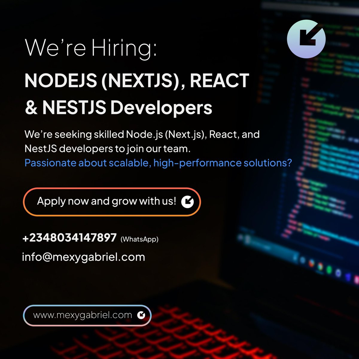 MrNnaemekaAni's tweet photo. We’re seeking skilled Node.js (Next.js), React, and NestJS developers to join our team. Passionate about scalable, high-performance solutions? Apply now and grow with us!

📞 +2348034147897 | 📧 info@mexygabriel.com https://t.co/gqzL65f4HW