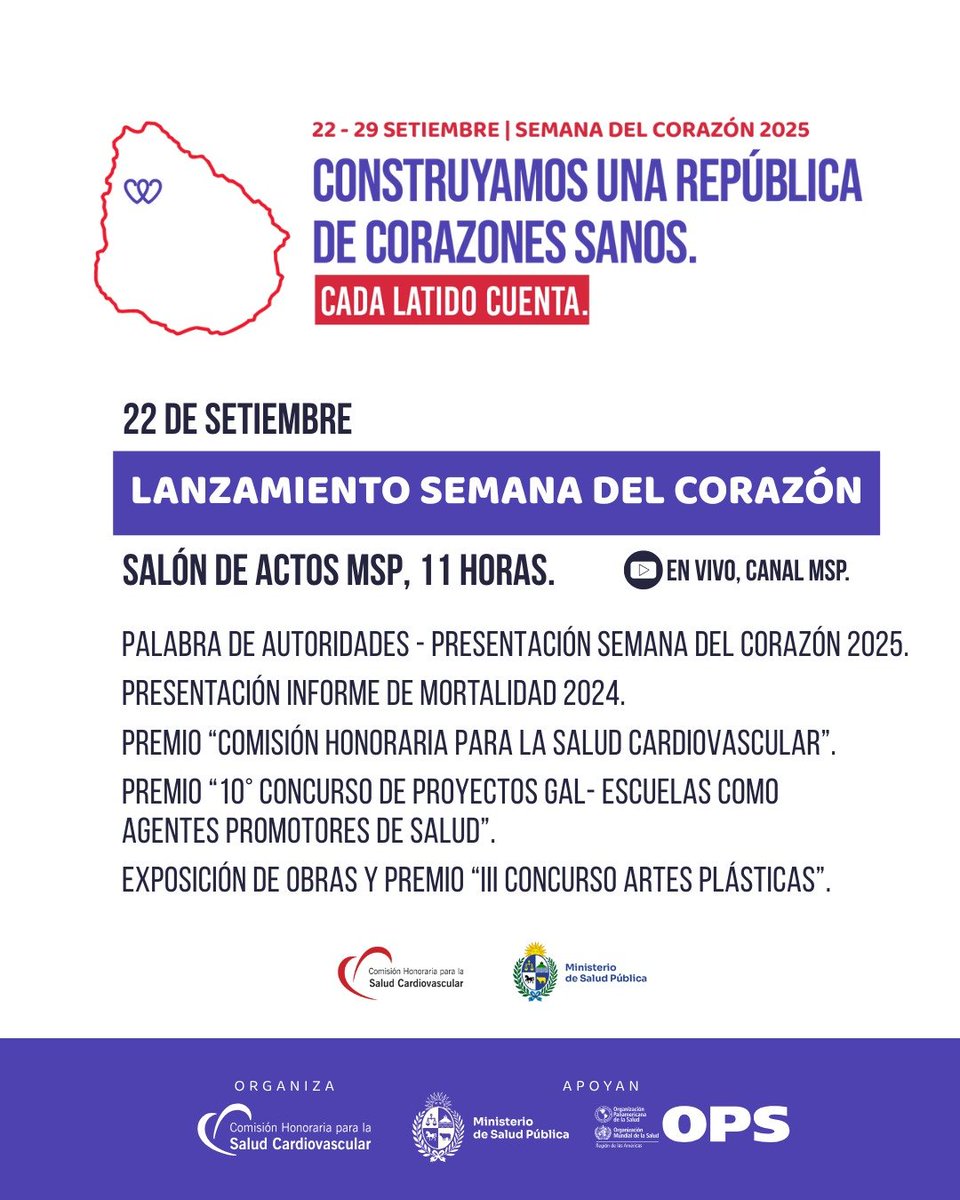 El lunes 22 en el <a href="/MSPUruguay/">Ministerio de Salud Pública – Uruguay</a> se lanzará la semana del corazón y <a href="/cardiosaluduy/">Comisión Cardiovascular</a> dará a conocer el informe de mortalidad del año 2024.
Para hablar con números reales y saber qué es lo que se debe priorizar, tenés que estar informado.