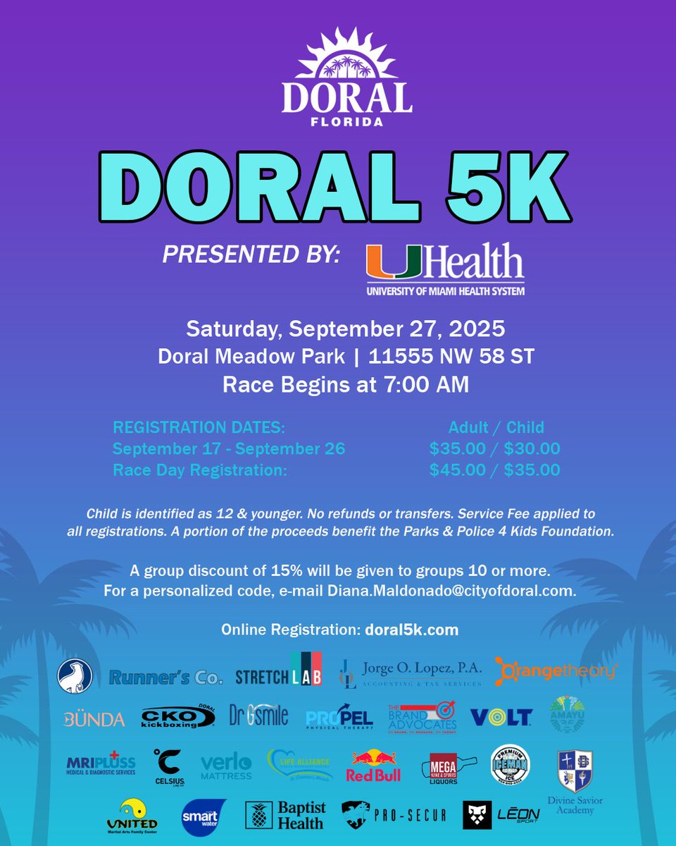 Cityofdoral's tweet image. Doral, are you ready? 🏃‍♀️💨 

The 2025 Doral 5K is only 9 days away!

📍 Doral Meadow Park | Sept. 27 | 7AM

👉 Sign up now: doral5k.com

#CityofDoral #Doral5K