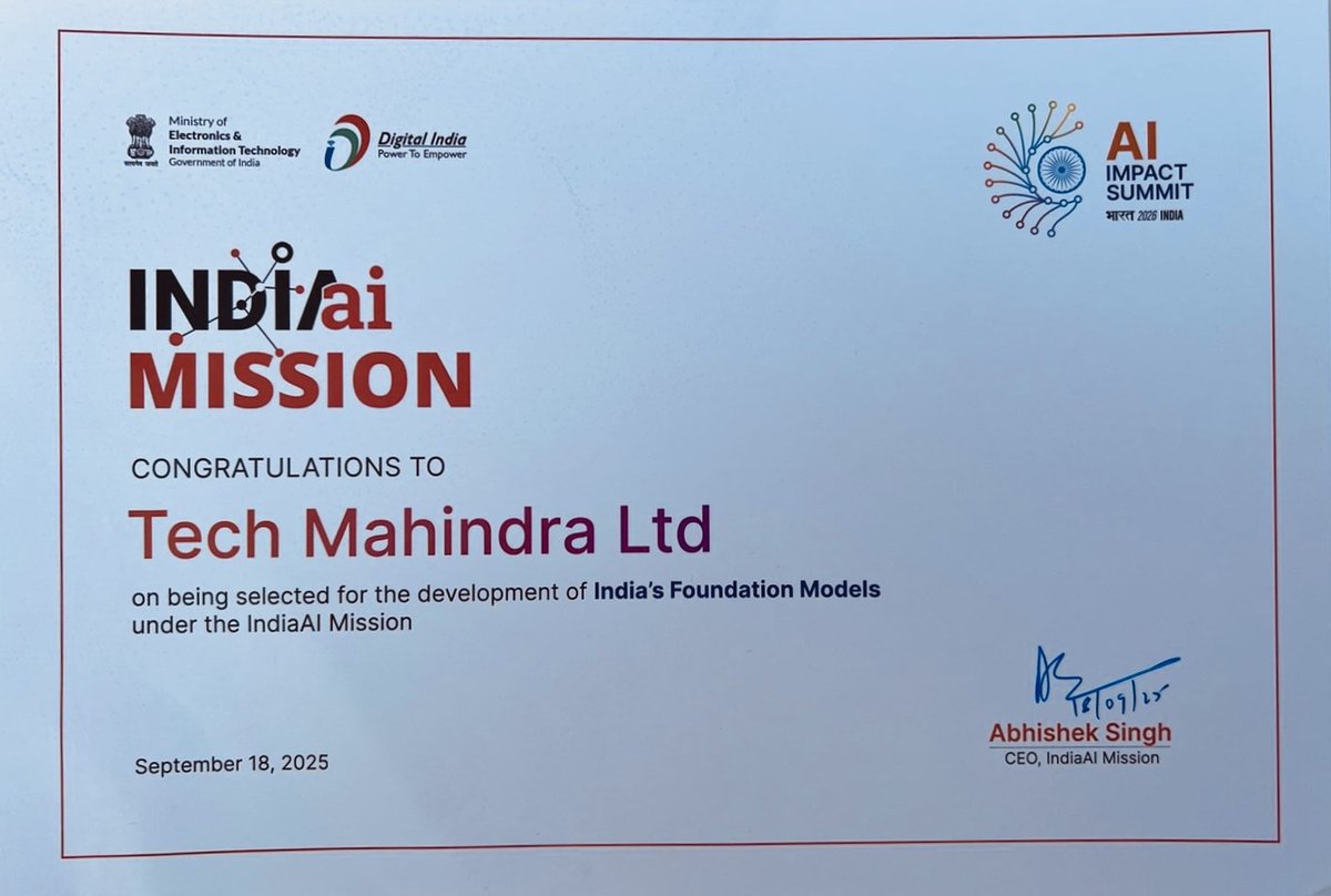 tech_mahindra's tweet image. @tech_mahindra is proud to be recognized by the Government of India as a key player in the prestigious IndiaAI Mision! As part of this mission, we will be building India’s foundation models under the #IndiaAI Mission.
This recognition was announced at a special event today in…