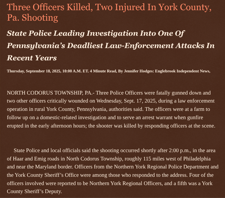 ArtFletcher9's tweet photo. Three Officers Killed, Two Injured In York County, Pa. Shooting https://t.co/Em7skkTCVi via @Englebrooknews #CrimeNews #Pennsylvania #YorkCountyPA #NorthCodorus #domesticviolence #PoliceOfficers #fatally #shot #domestic #shooting @wireless_step @HRG_Media @LodiNJNews @SugarMAGA @fordmb1 @SarahGeving1 @Shannon96574094 @Daytobehappy @janninereid1 @MichelleF_35 @gator4kb18 @TrumpWasRite @KathyKbrose @RobGerundo @JimBobW49