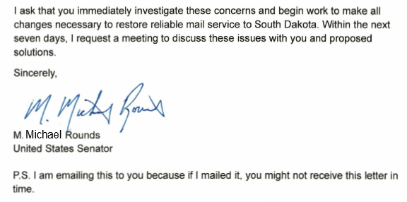 .<a href="/SenatorRounds/">Senator Mike Rounds</a> has sent a letter (via email) to <a href="/USPS/">U.S. Postal Service</a> Postmaster General David Steiner urging him to fix worsening mail delivery problems. Since earlier this year, SD newspapers have seen dramatic delivery delays even within the state. Used to be mostly an out-of-state delivery