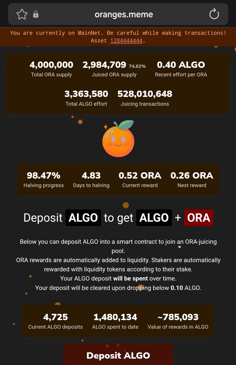 OrangesMeme's tweet image. In just a few days, 75% of all $ORA tokens will have been mined.  Over 3.3 million $ALGO have already been transacted to the fee sink through the juicing smart contract.