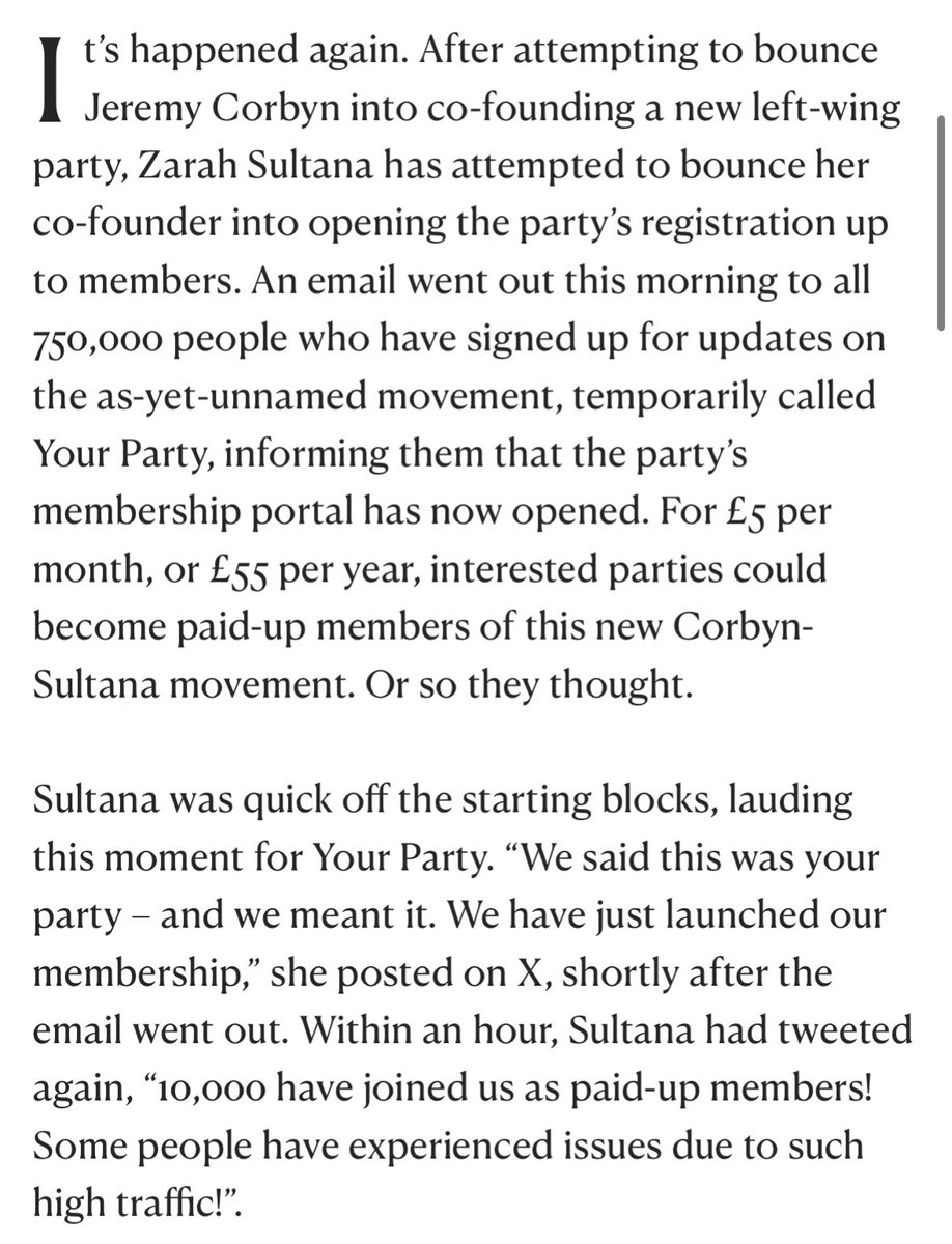 This story was near impossible to write because more information kept emerging! But here is my write up on today’s chaotic Your Party membership launch. Fair to say the future unity of this new left wing movement now hangs in the balance. <a href="/NewStatesman/">The New Statesman</a>