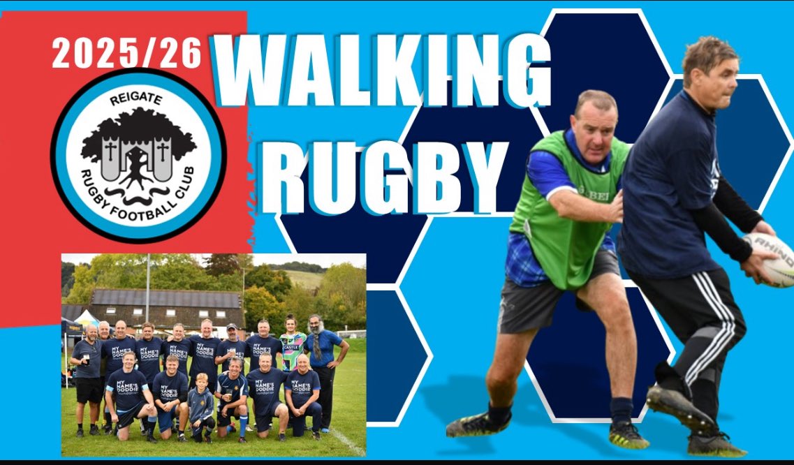 Walking Rugby every Friday at Colley Lane, 18:30 start.  

No sprinting, no tackling — just fun, fitness, and friendship!

Anyone, any level,  welcome

Come for the rugby, stay for the laughs.

#rugby #walkinrugby #social #reigate #redhill #reigatesclub
