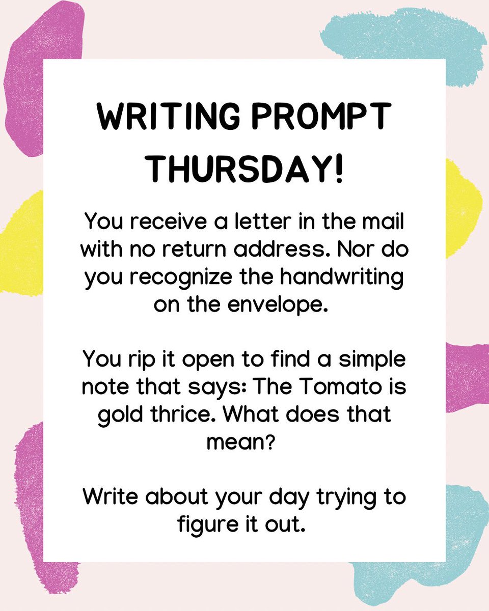 writingdaywksp's tweet image. Happy Writing Prompt Thursday!

You know the rules:
1. Sit down
2. Start writing
3. Aim for at least 500 words (no upper word limit)
4. Have as much fun as you can with it

Thanks, @BrianKlems for the best writing prompts!

Good luck! ☺️

#amwriting #writercommunity