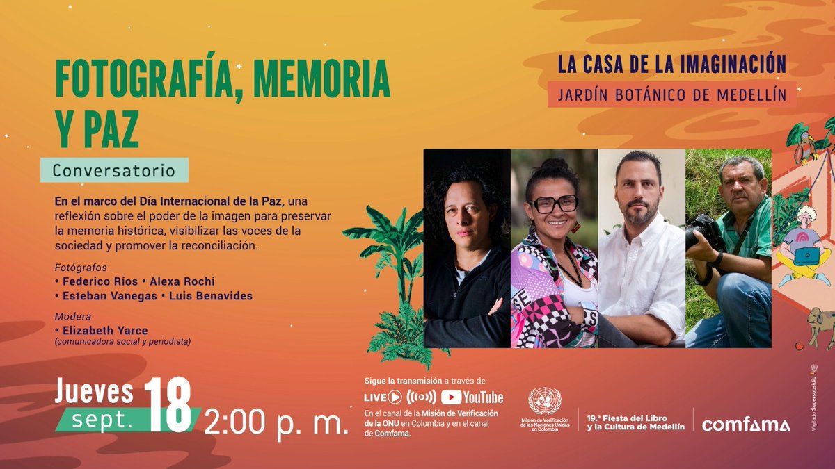 #Agéndate hoy en la 19.ª Fiesta del Libro y la Cultura de Medellín junto a <a href="/Comfama/">Comfama</a>, en Casa de la imaginación, en conversatorio “Fotografía, memoria y paz” con <a href="/AlexaRochi__/">Alexa Rochi 📸</a> <a href="/federicorios/">Federico Rios</a>, Esteban Vanegas y Luis Benavides.

🗓️ 18/Sept.
🕑 2 PM
#EnVivo 👉 youtube.com/live/PVKE-eWuZ…