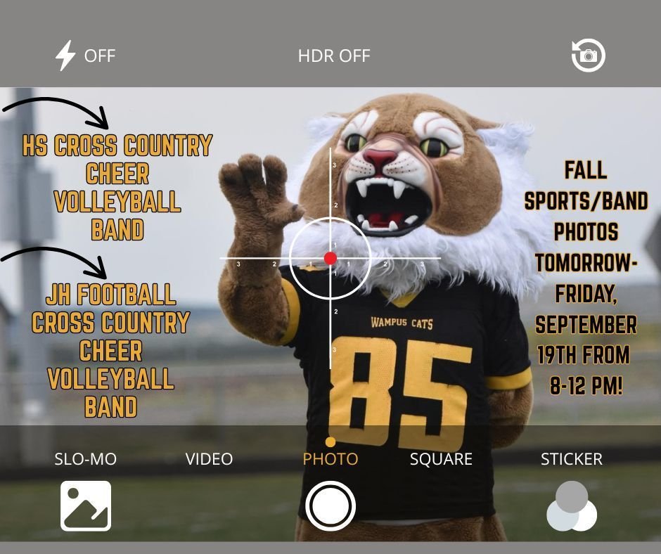 Reminder: Fall Sports/Band Photos will take place tomorrow from 8-12! This includes, JH Football, Volleyball, Cheer, Cross Country, and Band. For HS this includes, Volleyball, Cheer, Cross Country, and Band.