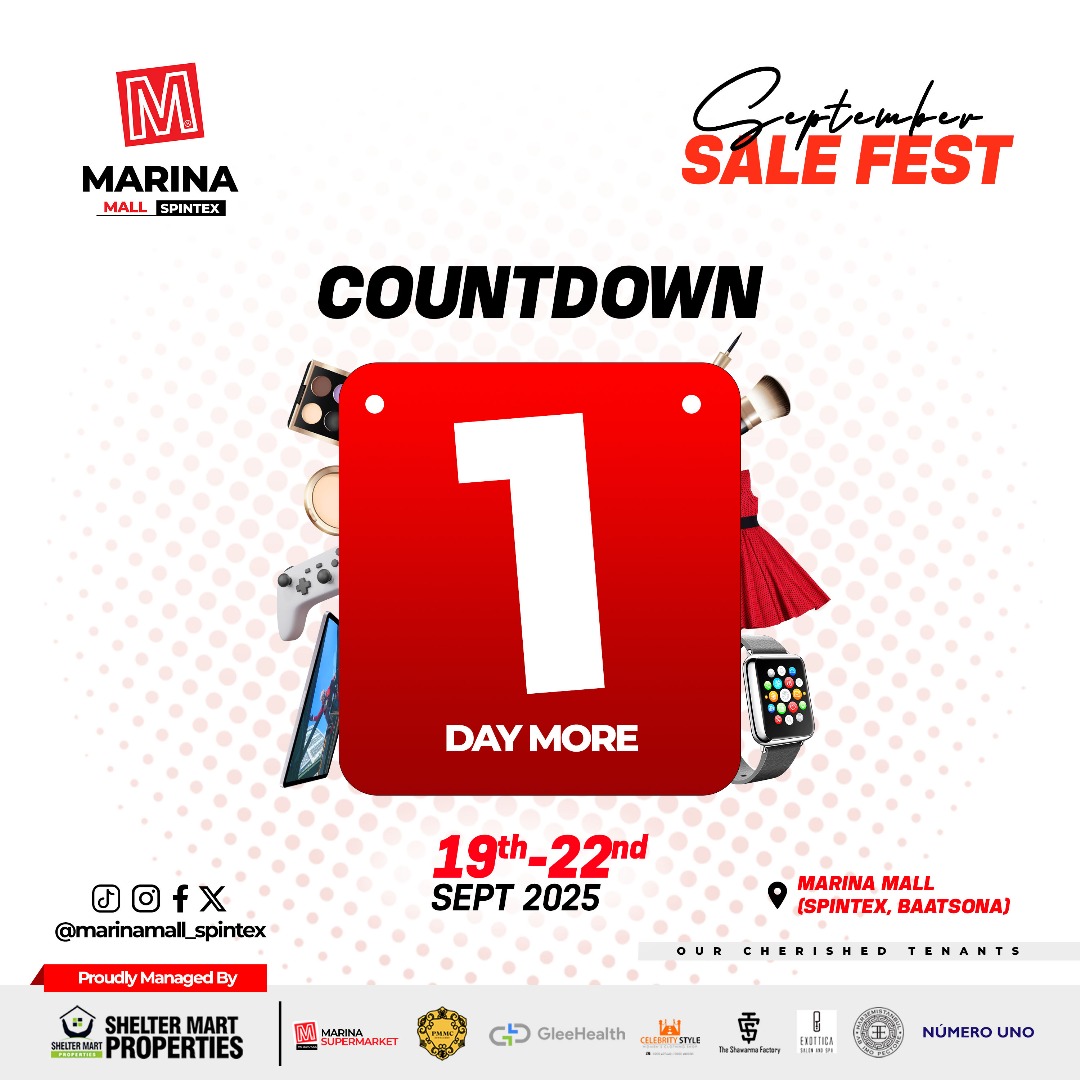 sheltermart's tweet image. 1 DAY TO GO! 🎉
The wait is almost over — September Sales Fest Bazaar is happening tomorrow at Marina Mall, Spintex(Baatsona)! 🛍️✨
📍 Marina Mall, Spintex-Baatsona (Car Park)
📅 Tomorrow — Fri, 19th - 22nd Sept 2025
🕙 10AM till late
#marinamall #spintex #shoppingmall #Accra