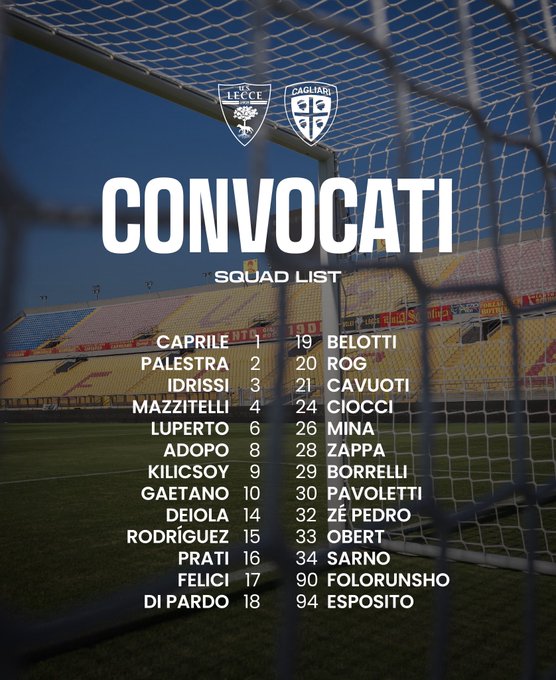 A list of soccer players for Cagliari Calcio, including Alessio Cragno, Andrea Caprile, and others, displayed on a background of a soccer goal net. Logos of Lecce and Cagliari Calcio are visible at the top. The text "CONVOCATI SQUAD LIST" is prominently shown in large white letters.