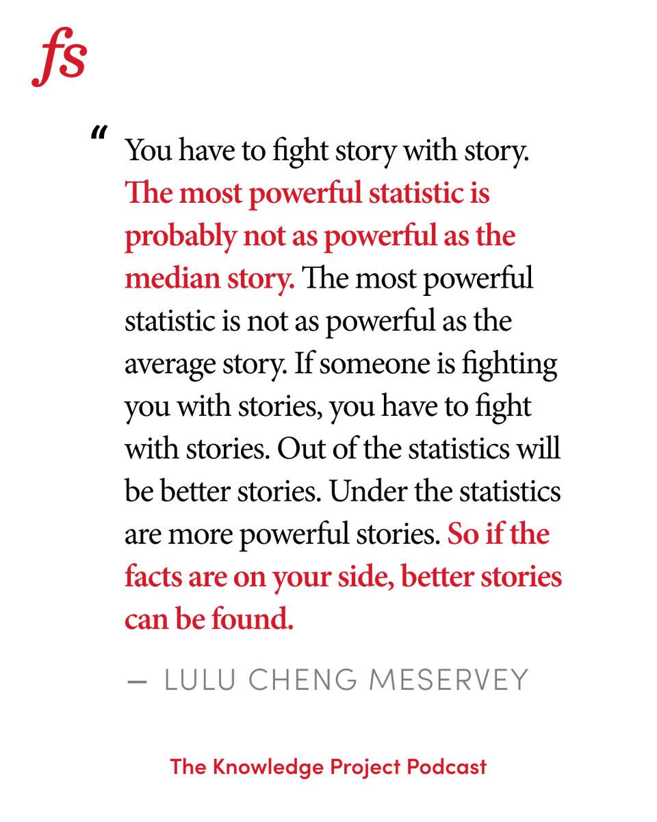 farnamstreet's tweet photo. The human brain runs on stories, not statistics. Which is why facts lose to fiction every time in a public debate.

A winning political campaign tells you about a mother at her kitchen table, staring at medical bills for her husband Joe's cancer. The losing campaign talks about healthcare system efficiency metrics. Which one is more likely to resonate with voters?

This pattern repeats everywhere. If someone attacks you with a false story, defending with true statistics almost guarantees you defeat.

What to do instead? Lulu Cheng Meservey explains: